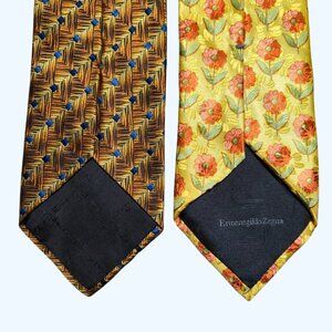 Ermenegildo Zegna Mens One Size Lot of 2 Silk Tie Flowers Floral Geometric Gold